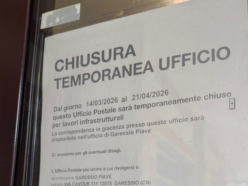 PROVINCIA GRANDA - Avviso chiusura Ufficio Postale di Garessio